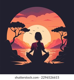 Woman meditating in sitting yoga position against a backdrop of mountains and sunset. Concept illustration for yoga, meditation, relax, recreation, healthy lifestyle. Vector illustration.