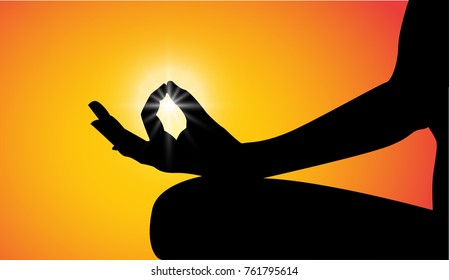 Woman meditating in sitting yoga position on the top of a mountains at sunset. Zen, meditation, peace, Vector illustrations