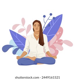 Mujer meditando con hojas estilizadas en el fondo, Ilustración vectorial que representa atención plena y relajación. Ilustración vectorial