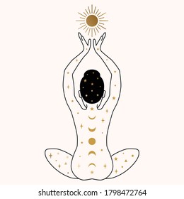 Woman Meditating with Sun Illustration.