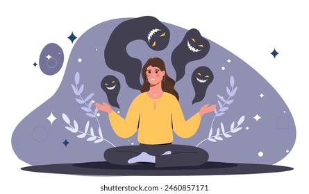 Mujer meditando rodeada de Formas fantasmales que representan pensamientos negativos, estilo plano sobre un fondo púrpura, concepto de salud mental. Ilustración vectorial plana