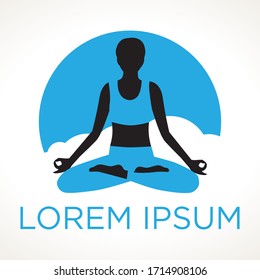 woman meditating surrounded by sky and clouds, vector logo template