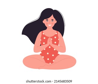 Mujer meditando en traje de baño. Estilo de vida saludable, yoga, relajación, ejercicio de respiración. Hola verano. Ilustración vectorial dibujada por mano