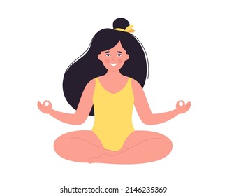 Woman meditating in swimsuit. Healthy lifestyle, yoga, relax, breathing exercise. Hello summer. Hand drawn vector illustration