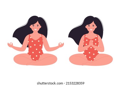 Woman meditating in swimsuit. Healthy lifestyle, yoga, relax, breathing exercise. Hello summer. Hand drawn vector illustration