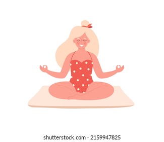 Woman meditating in swimsuit. Healthy lifestyle, yoga, relax, breathing exercise. Hello summer.  Hand drawn vector illustration