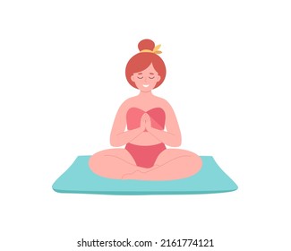 Woman meditating in swimsuit. Healthy lifestyle, yoga, relax, breathing exercise. Hello summer.  Hand drawn vector illustration