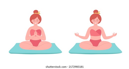 Woman meditating in swimsuit. Healthy lifestyle, yoga, relax, breathing exercise. Hello summer.  Hand drawn vector illustration