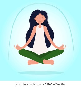 Woman meditating ,vector concept of a healthy lifestyle, mental health, relaxation. Illustration in flat cartoon style.