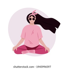 Woman meditating vector flat cartoon illustration. Healthy, active, and calm lifestyle, relaxing. Girl with crossed legs training yoga exercises. Female character sitting in lotus pose and meditate.