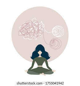 Woman meditating in vector illustration. The art of zen meditation, spiritual practice, mindfulness, breathing, and yoga.