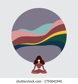 Woman meditating in vector illustration. The art of zen meditation, spiritual practice, mindfulness, breathing, and yoga.