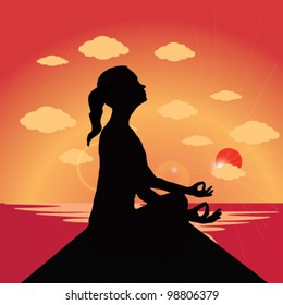 Woman meditating. Vector Sunset Yoga