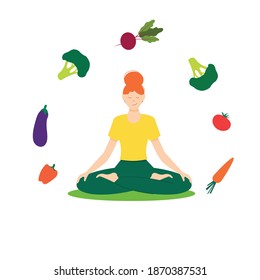 Woman meditating and vegetables flying around her. Concept illustration for yoga, meditation, relax, balance, healthy lifestyle. Vector illustration in flat cartoon style.