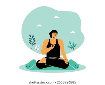 Woman meditating while sitting cross-legged on yoga mat with eyes closed, her hands forming mudra, light blue background, white clouds and plants, calm and peaceful atmosphere, vector illustration.