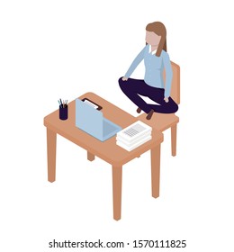 The woman is meditating in the workplace. Break for concentration. Meditation time. Isometric style. Vector illustration. Isolated on white background concept.