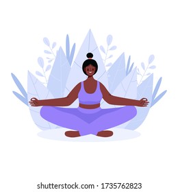 Woman meditating in yoga lotus pose . Concept illustration for yoga, meditation, relax, recreation, healthy lifestyle. Woman activities. Vector illustration in flat cartoon style.