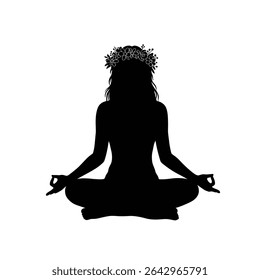 Woman meditating yoga pose floral crown silhouette.