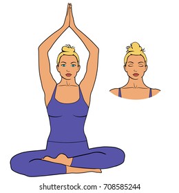 Woman meditating  in yoga pose. Illustration of girl doing yoga meditation workout isolated on white background. 