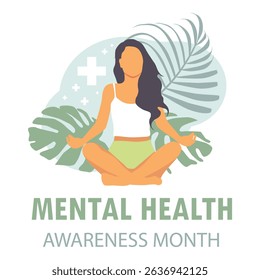 Woman meditating in a yoga pose surrounded by nature and leaves. Mental Health Awareness Month. Vector illustration