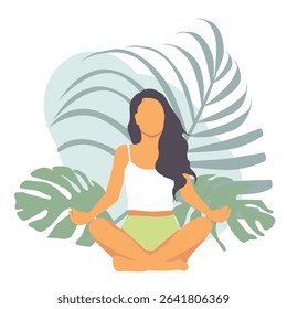 Woman meditating in a yoga pose surrounded by nature and leaves. Concept illustration for yoga, meditation, relax, recreation, healthy lifestyle. Vector illustration