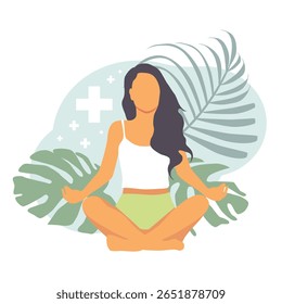 Woman meditating in a yoga pose surrounded by nature and leaves. Mental Health Awareness Month. Vector illustration
