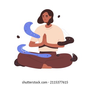 Mujer meditando en una pose de yoga. Zen y práctica de la meditación. Concepto de equilibrio, armonía y atención. Una persona tranquila relajándose en la postura del loto. Ilustración vectorial plana aislada en fondo blanco