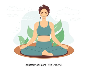 Woman meditating. Yoga, relax, meditation concept. Vector illustration in flat cartoon style