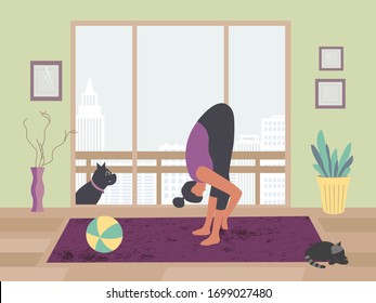 Woman meditating yoga staying home with pets flat vector. Stay home meditation practice cute cartoon. Breathing exercise workout background. Healthy indoors morning fitness activities illustration