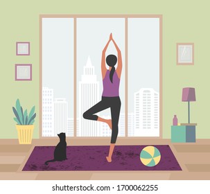 Mujer meditando yoga en casa con mascotas vector plano. Manténgase en casa, practica la meditación tierno. Fondo de entrenamiento para ejercicios respiratorios. Ilustración de actividades de fitness matutinas y saludables en interiores