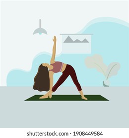Woman meditating yoga staying home vector.  Breathing exercise workout background. Healthy indoors morning fitness activities illustration. 