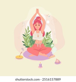 Frau meditiert.Glückliche Frau im Gleichgewicht Yoga zu tun. Meditationsschrein. Feng Shui flache Stil Vektorgrafik. Yoga, Meditationsposen.