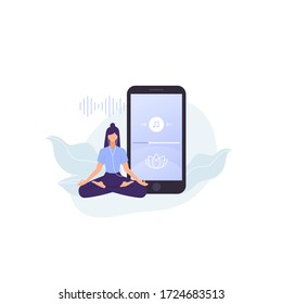 Woman Meditation. App For Yoga And Meditation. Vector