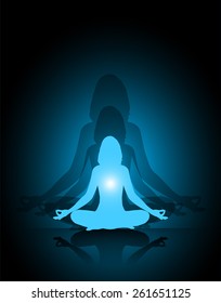 Woman meditation blue abstract shadow background. yoga.