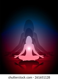 Woman meditation blue red blue abstract shadow background. yoga.