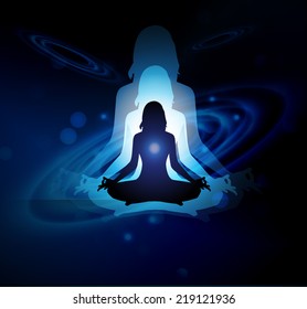 woman meditation blue sparkling background with stars in the sky and blurry lights, illustration. Abstract, Universe, Galaxies, yoga. 