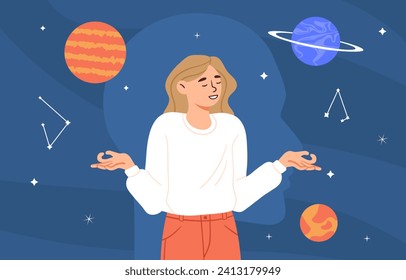 Woman with meditation concept. Young girl sitting in lotus position at background of starry sky. Space and galaxy. Dream, fantasy and imagination, yoga. Cartoon flat vector illustration