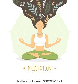 Woman meditation with floral elements inside long hair. Vector illustration