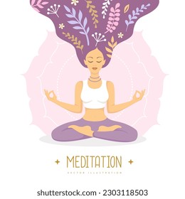 Woman meditation with floral elements inside long hair. Vector illustration