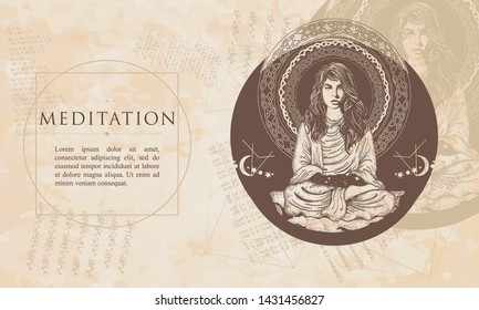 Woman meditation. Girl in lotus pose. Symbol philosophy, astrology, magic, yoga. Renaissance background. Medieval manuscript, engraving art 