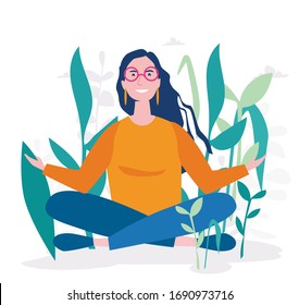 Woman Meditation, girl sits in the lotus position, the health benefits for the body, mind and emotions, Vector illustration for web banner, infographics, mobile. the thought process.