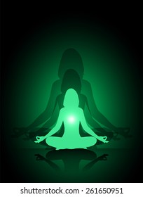 Woman meditation green abstract shadow background. yoga.