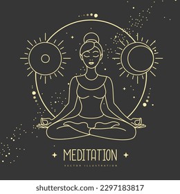 Woman meditation in lotus position with astrology sun and moon sign. Vector illustration