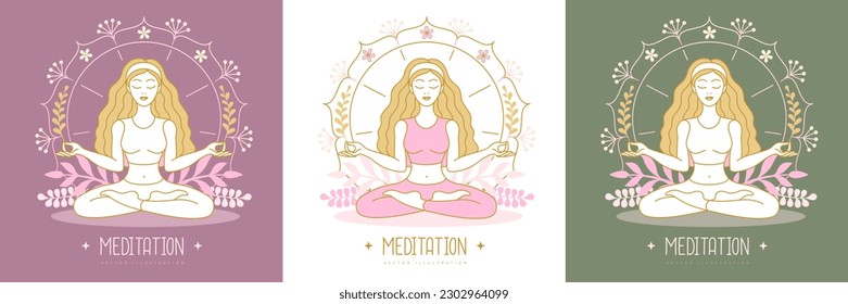 Woman meditation in lotus position with floral elements and mandala. Vector illustration