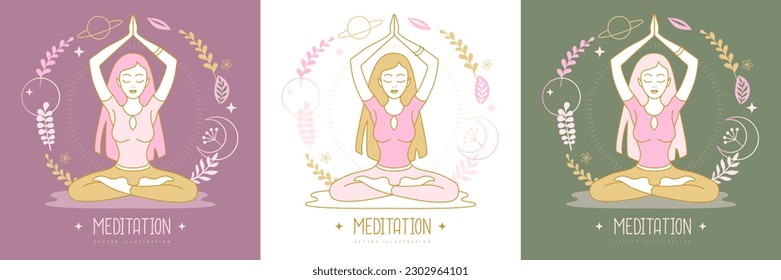 Woman meditation in lotus position with floral elements. Vector illustration