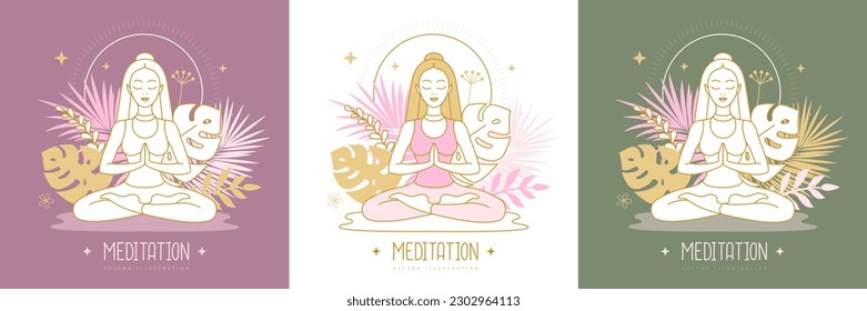 Meditación femenina en posición loto con elementos florales. Ilustración del vector