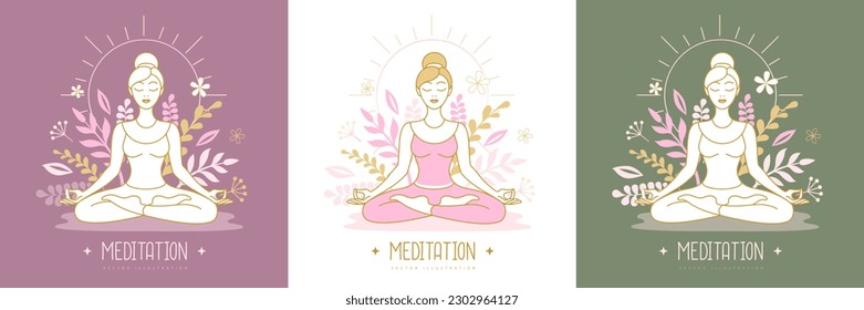 Woman meditation in lotus position with floral elements. Vector illustration