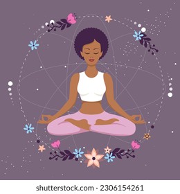 Woman meditation in lotus position with floral elements in outer space. Vector illustration