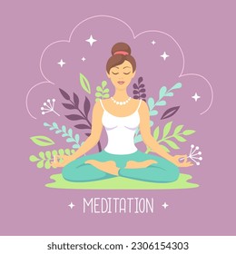 Woman meditation in lotus position with floral elements. Vector illustration