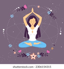 Woman meditation in lotus position with floral elements in outer space. Vector illustration